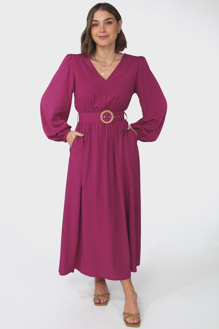 Lyna Midi Dress - A-Line Dress with Statement Rattan Buckle Belt in Magenta