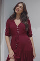 Rachel Maxi Dress - V-Neck 3/4 Sleeve Pull Tie Waist Tiered Dress in Wine