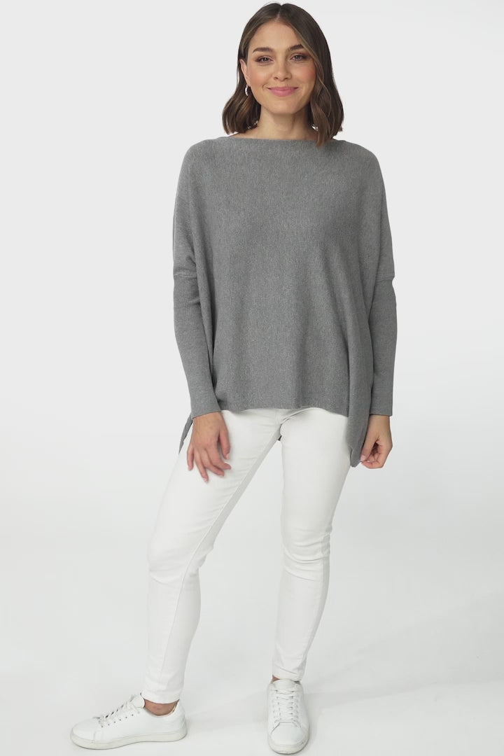 Belinda Knit Top - Boat Neckline Boxy Batwing Top in Grey