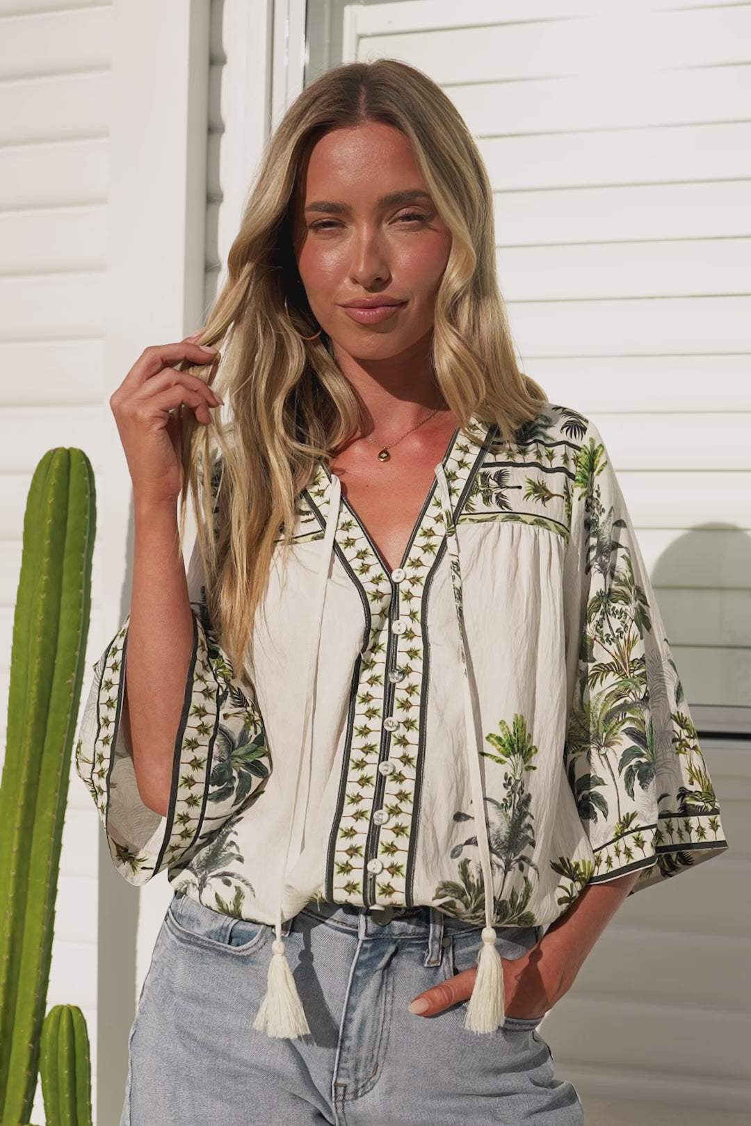 Elysia Blouse - Deep V Neck Button Down 3/4 Sleeve Top in Nessa Print