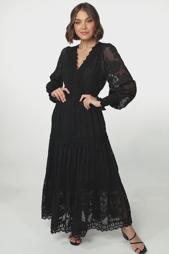 Rouge Maxi Dress - Lace Overlay Tiered Dress in Black