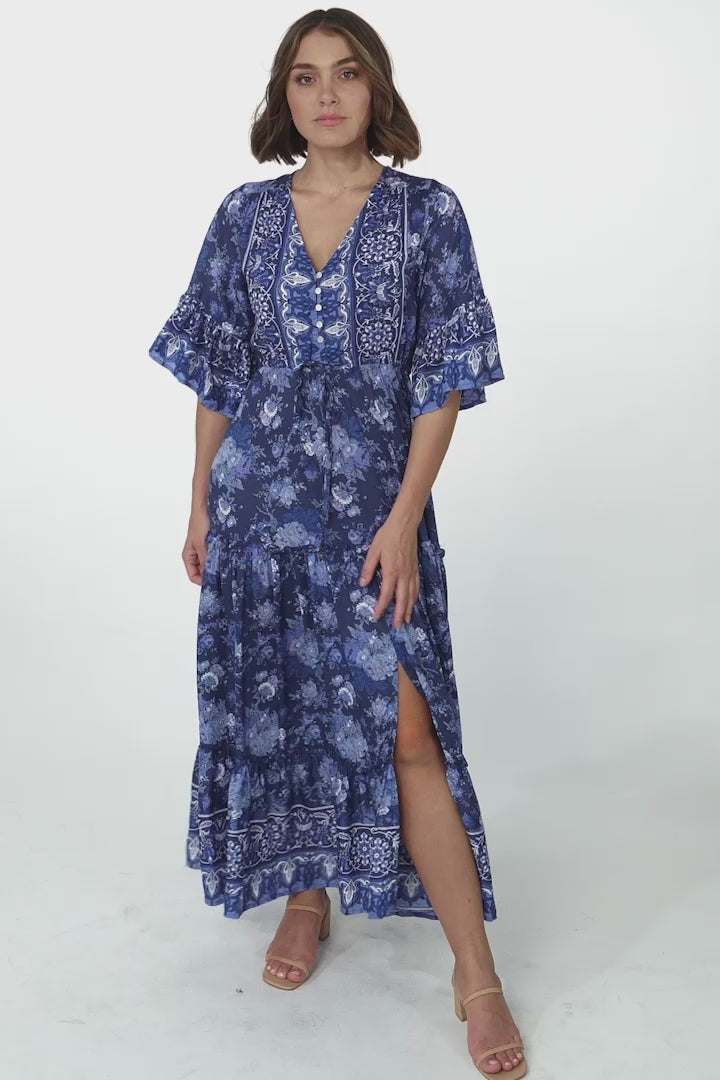 Sky Maxi Dress - A Line Dress with Front Split and Flute Sleeves in Janger Print