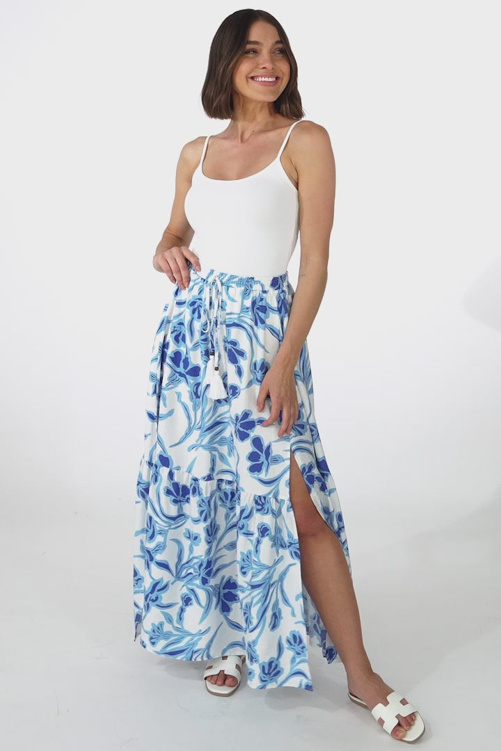 Hellen Maxi Skirt - High Waisted Skirt with Front Splits in Braley Print Blue