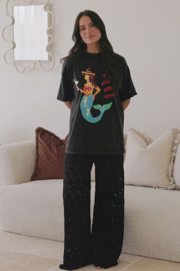 Senorita Margarita Tee - Crew Neck Oversized Graphic Tee in Black Acid Wash