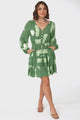 Alicia Mini Dress - A Line Tiered Dress with Pull Tie Waist in Maree Print Green