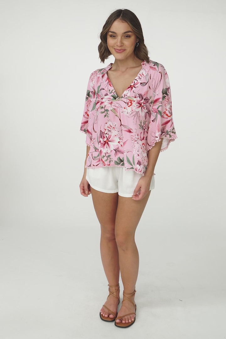 JAASE - Gabriella Top: Mandarin Collar Deep V Neck Crochet Trim Top in Pink Lotus Print