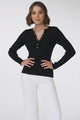 Emilia Knit Top - Gold Button Neckline Ribbed Top in Black