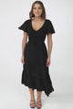 Amaya Midi Dress - Shirred Cap Sleeve A Line Dress in Black