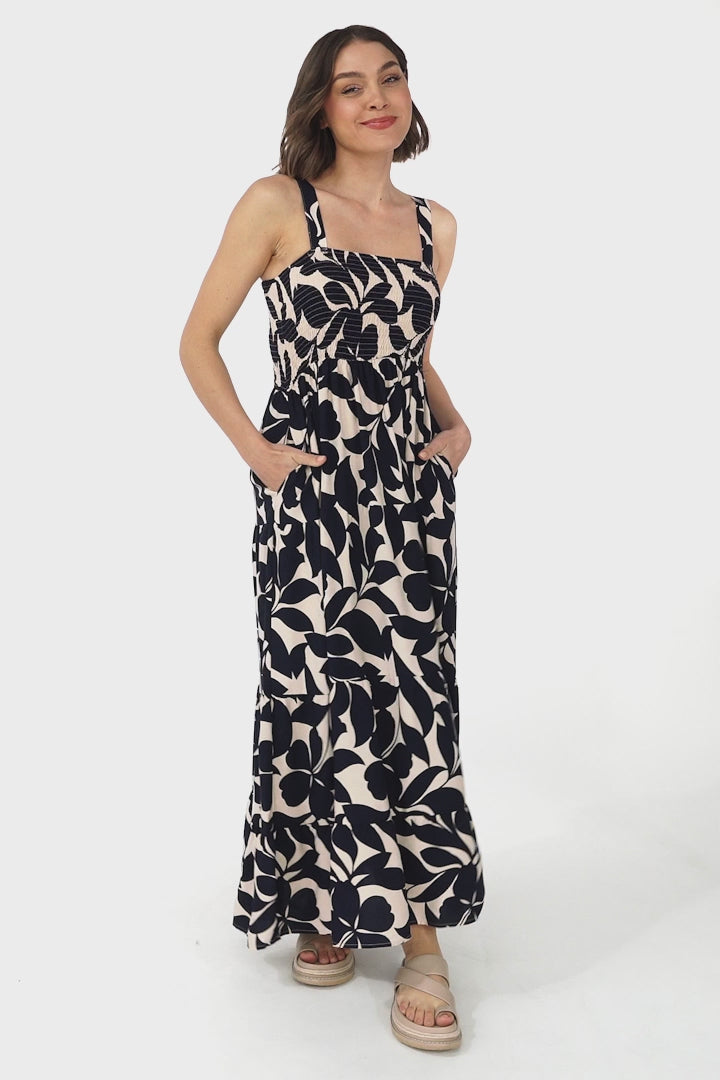 Loretta Maxi Dress - Elasticated Bodice Sun Dress in Kiera Print Navy