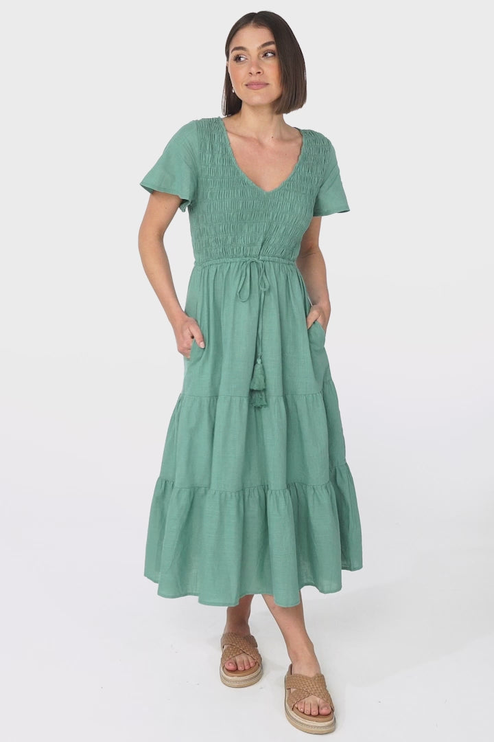 Alyse Midi Dress - Shirred Bodice Cap Sleeve Dress with Pull Tie Waist in Green