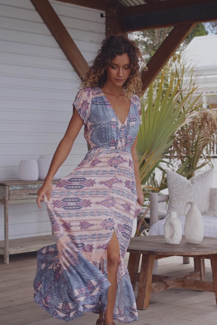 JAASE - Carmen Maxi Dress: Butterfly Cap Sleeve Button Down A Line Dress with Lace Trim in Caribbean Print