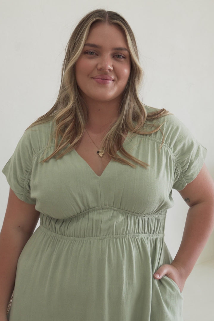 Torin Mini Dress - Flattering V-Neck A-Line Mini with Cinched Waist in Sage