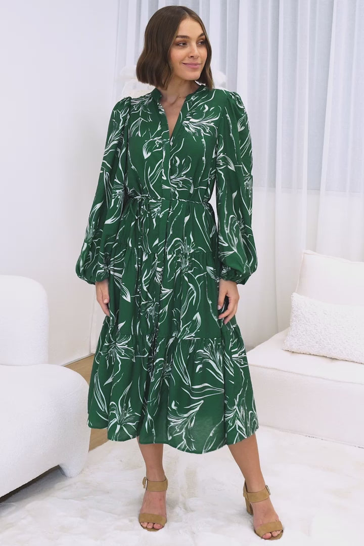 Brea Midi Dress - High Mandarin Collar Button Down Dress in Ivy Print Green