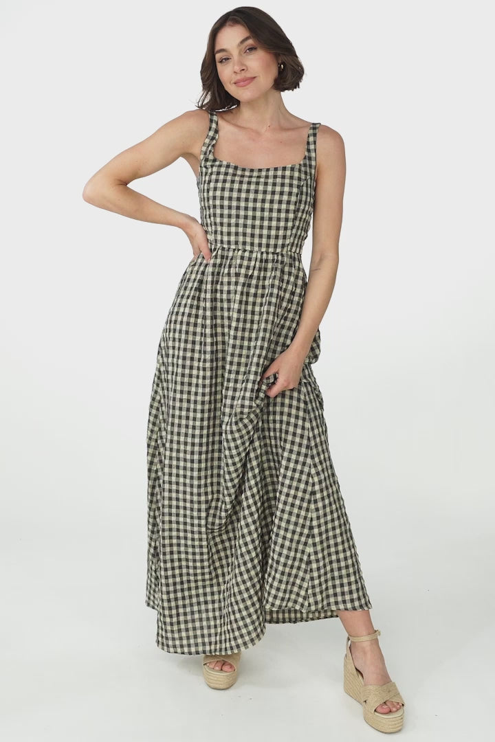 Atyla Maxi Dress - Square Neckline Sun Dress in Gingham Black