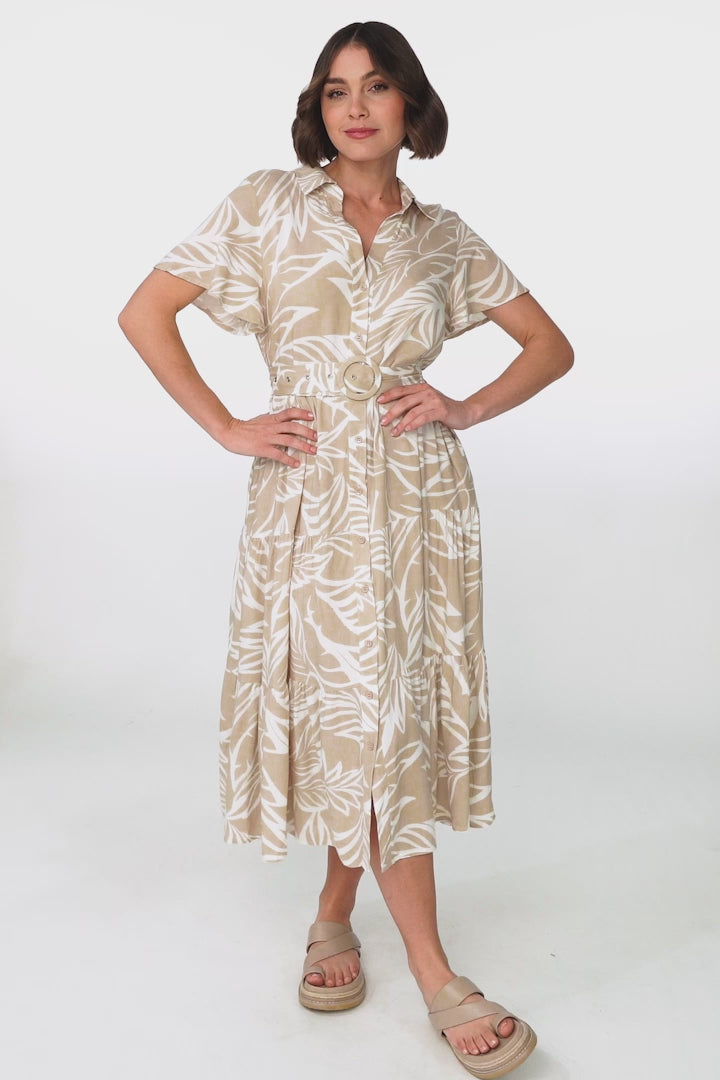 Luvira Midi Dress - Button Down Collared Dress With Statement Belt In Jeani Print Beige