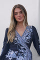 Carindi Midi Dress - V Neck Wrap Dress with Long Balloon Sleeves in Breakwater Print