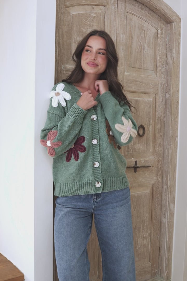 Daisy Belle Cardigan - Cropped Thick Knit Cardigan with Flower Decals in Teal
