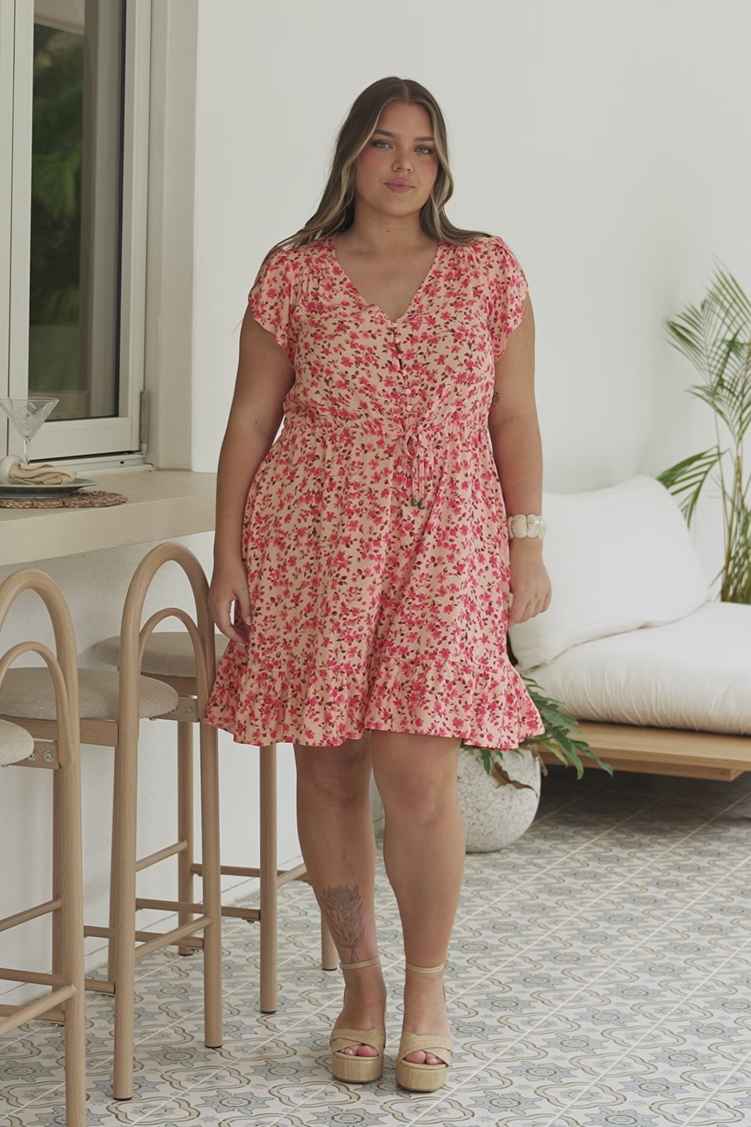 Hetta Mini Dress - V Neck Dress with Adjustable Tie Waist and Flutter Cap Sleeves in Montie Print