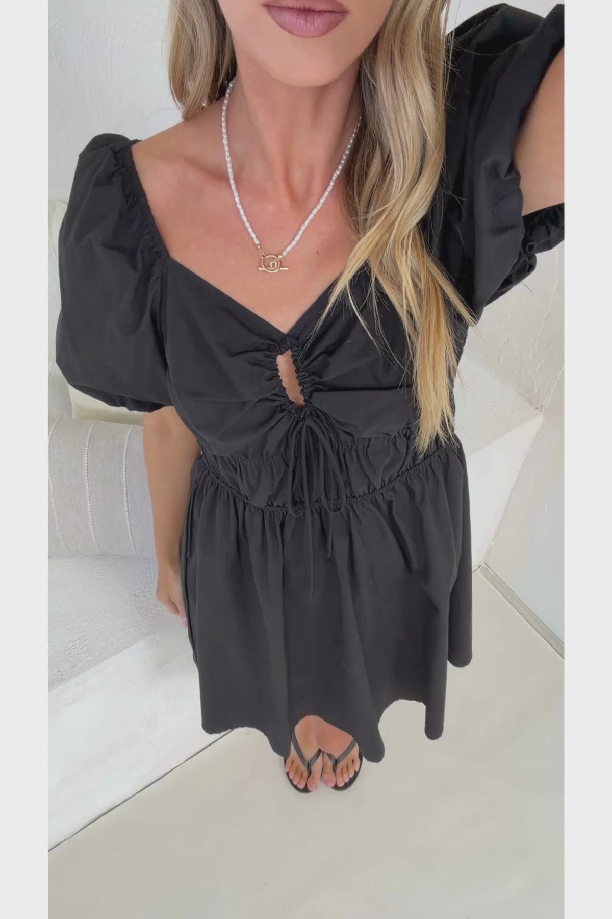 Asteria Mini Dress - On or Off Shoulder Cotton A-Line Dress with Puff Sleeves in Black