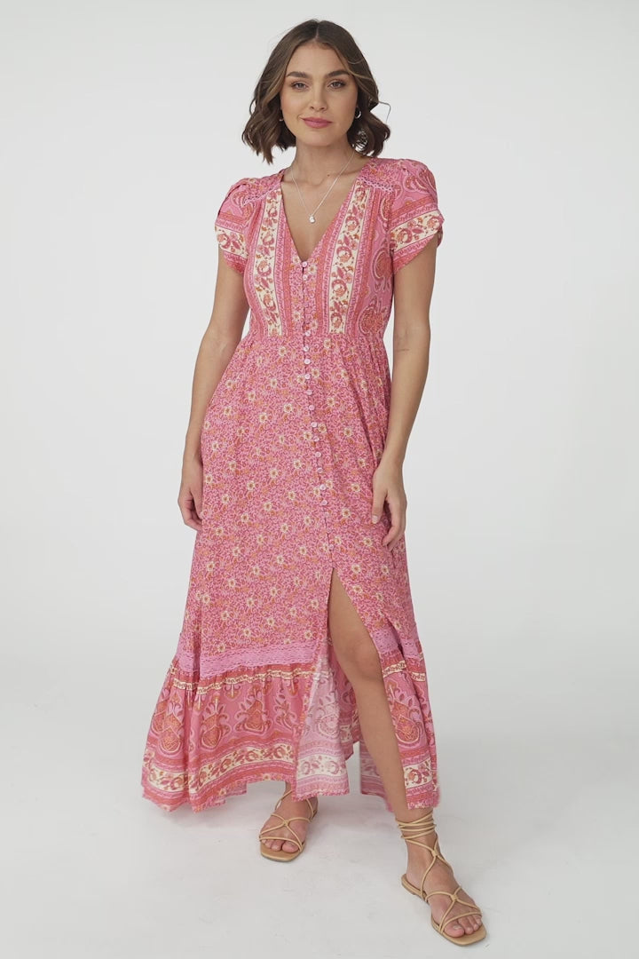 JAASE - Carmen Maxi Dress: Butterfly Cap Sleeve Button Down A Line Dress with Lace Trim in Strawberries and Cream Print