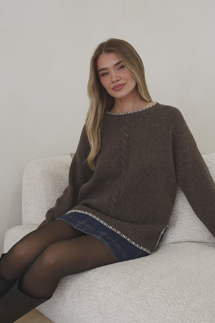 Halo Jumper - Crew Neck Cable Detailed Step Hem Knit with Contrast Hemlines in Dark Brown