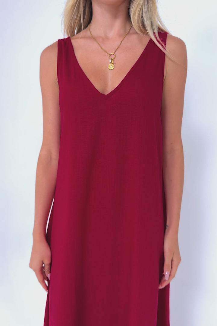 Janeen Maxi Dress - A-Line Sleeveless Dress with Side Splits in Red