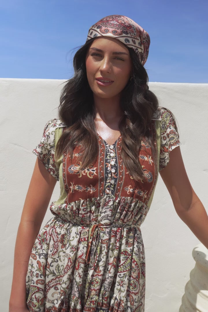JAASE - Tracey Mini Dress: Cap Sleeve Dress with Waist Tie in Oakie Print