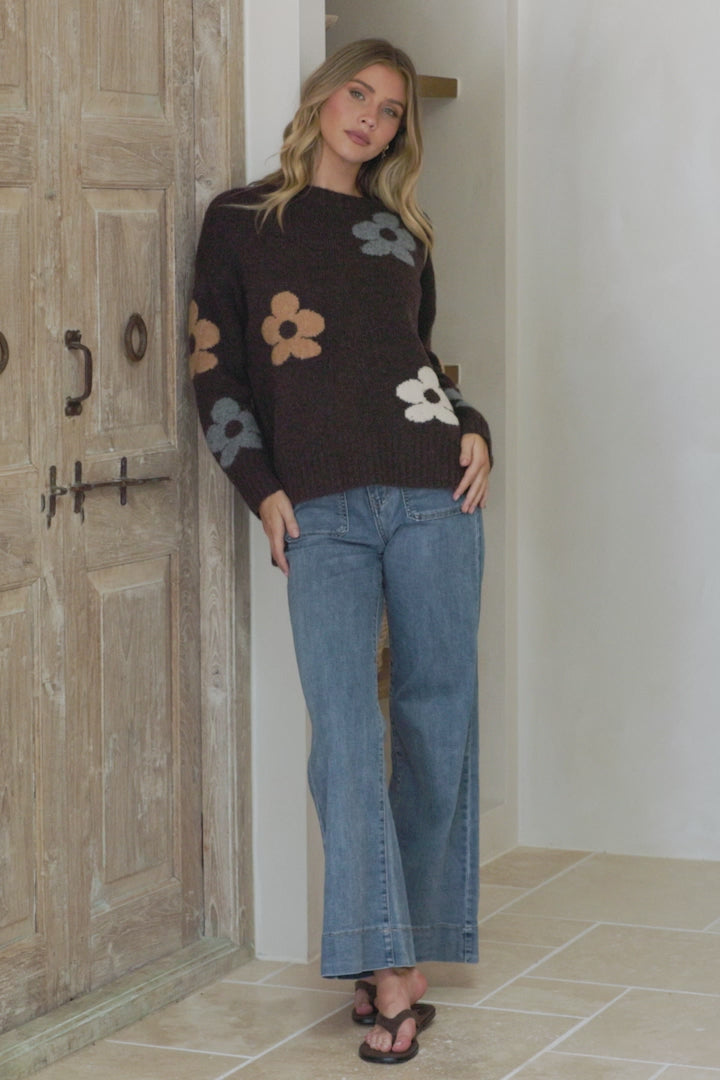 Marlo Jumper - Crew Neck Floral Knit with Ribbed Hemlines in Chocolate