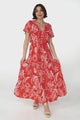 Hanna Maxi Dress - Cap Sleeve Tiered A Line Dress with Toggle Detailed Waist Tie in Havanna Print Red