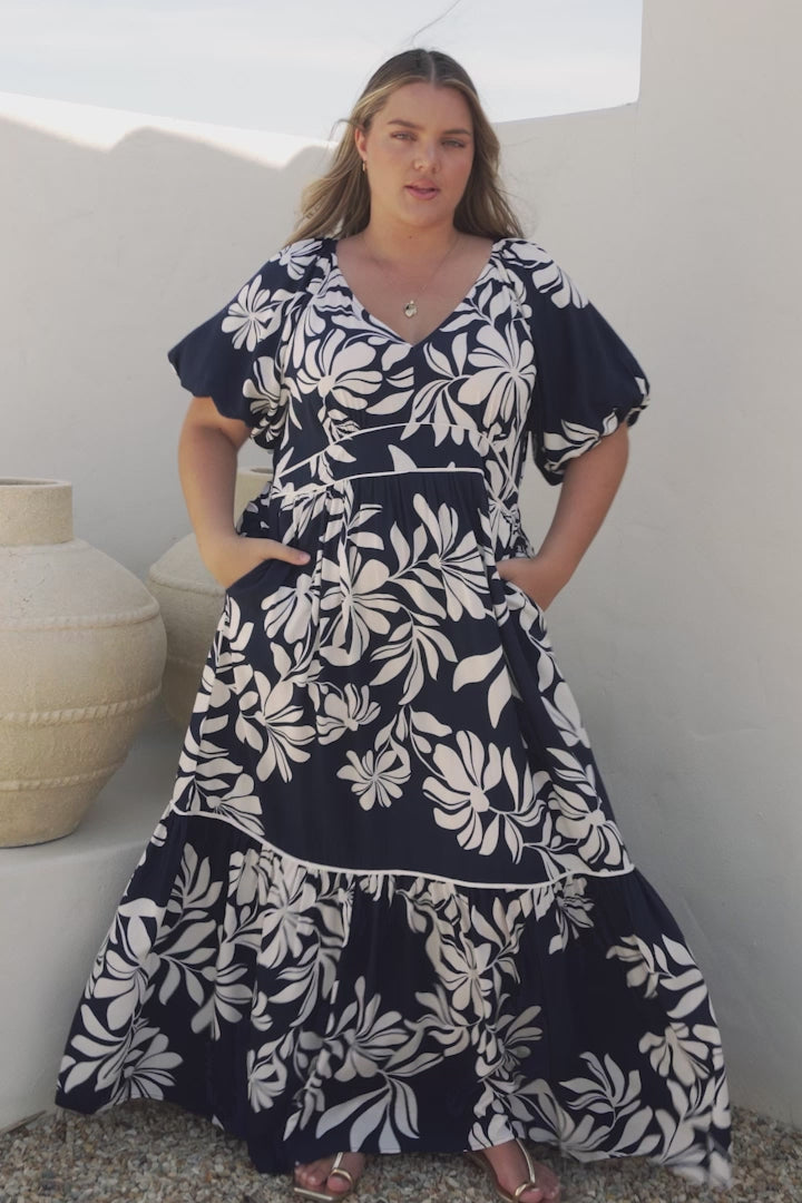 Manaya Maxi Dress - Soft V Neck Tiered Dress with Short Balloon Sleeves in Charlene Print Navy