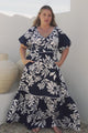 Manaya Maxi Dress - Soft V Neck Tiered Dress with Short Balloon Sleeves in Charlene Print Navy