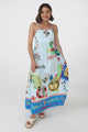 Genie Maxi Dress - Eye Catching Sun Dress with Bow Detail at the Back in Jade Print Blue