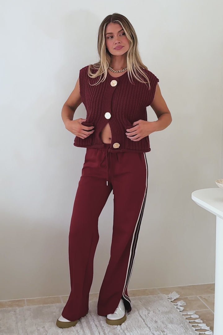 Beckham Pants -  High Waisted Sports Stripe Pants in Burgandy