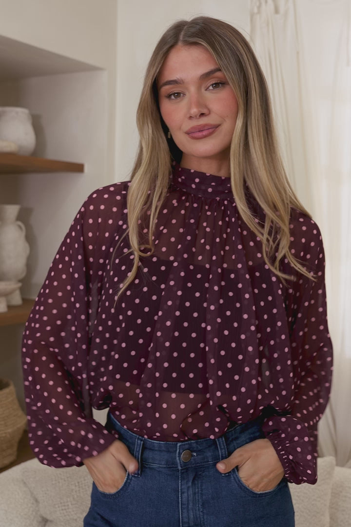 Paramount Blouse - High Collar Balloon Sleeve Sheer Balloon Sleeve Pull Over in Wine Polka Dot