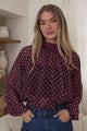 Paramount Blouse - High Collar Balloon Sleeve Sheer Balloon Sleeve Pull Over in Wine Polka Dot