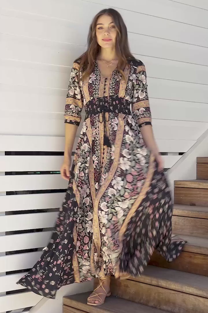 JAASE - Indiana Maxi Dress: Lace Back Shirred Waist A Line Dress with Handkercheif Hemline in Eternity Print