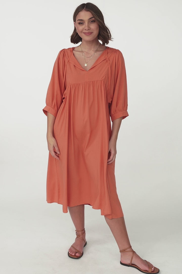 Mariah Midi Dress - V Neck Smock Dress with Batwing Sleeves in Tangerine