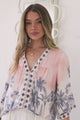 Elysia Blouse - Deep V Neck Button Down 3/4 Sleeve Top in Armena Print