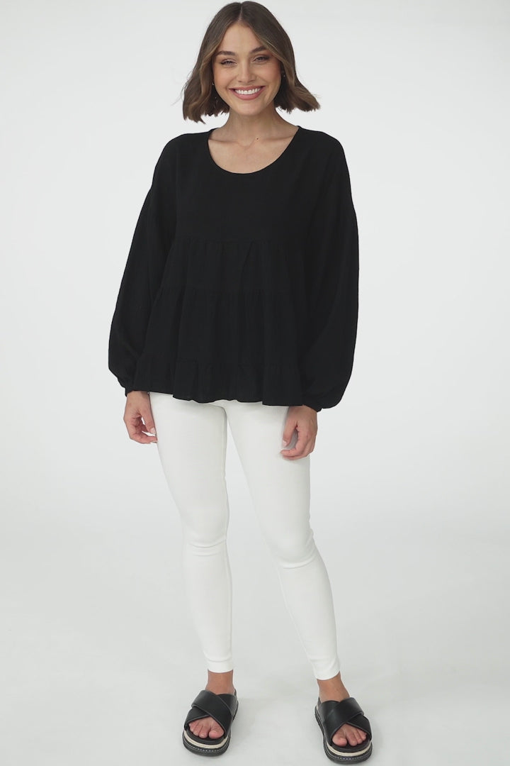 Gabby Top - Tiered Linen Top in Black