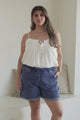 Halley Denim Shorts - Elasticated Waistband Folded Cuff Denim Shorts in Dark Denim