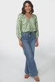 Silvie Blouse - Mandarin Collar V Neck Pull Over Blouse in Dayah Print Green