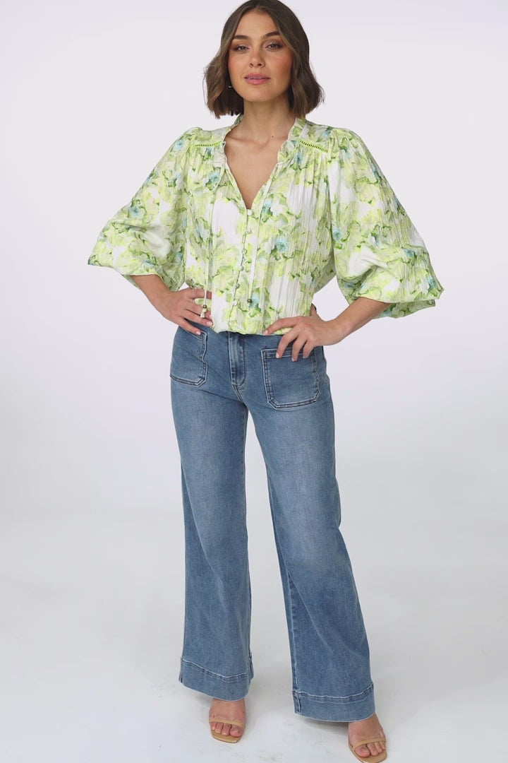 Moree Blouse - Frill Collar Neck Tie Button Down Blouse in Franc Print Lime