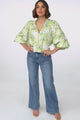 Moree Blouse - Frill Collar Neck Tie Button Down Blouse in Franc Print Lime