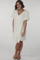 Cammy Mini Dress - V Neck Button Down Smock with Short Billow Sleeves in White