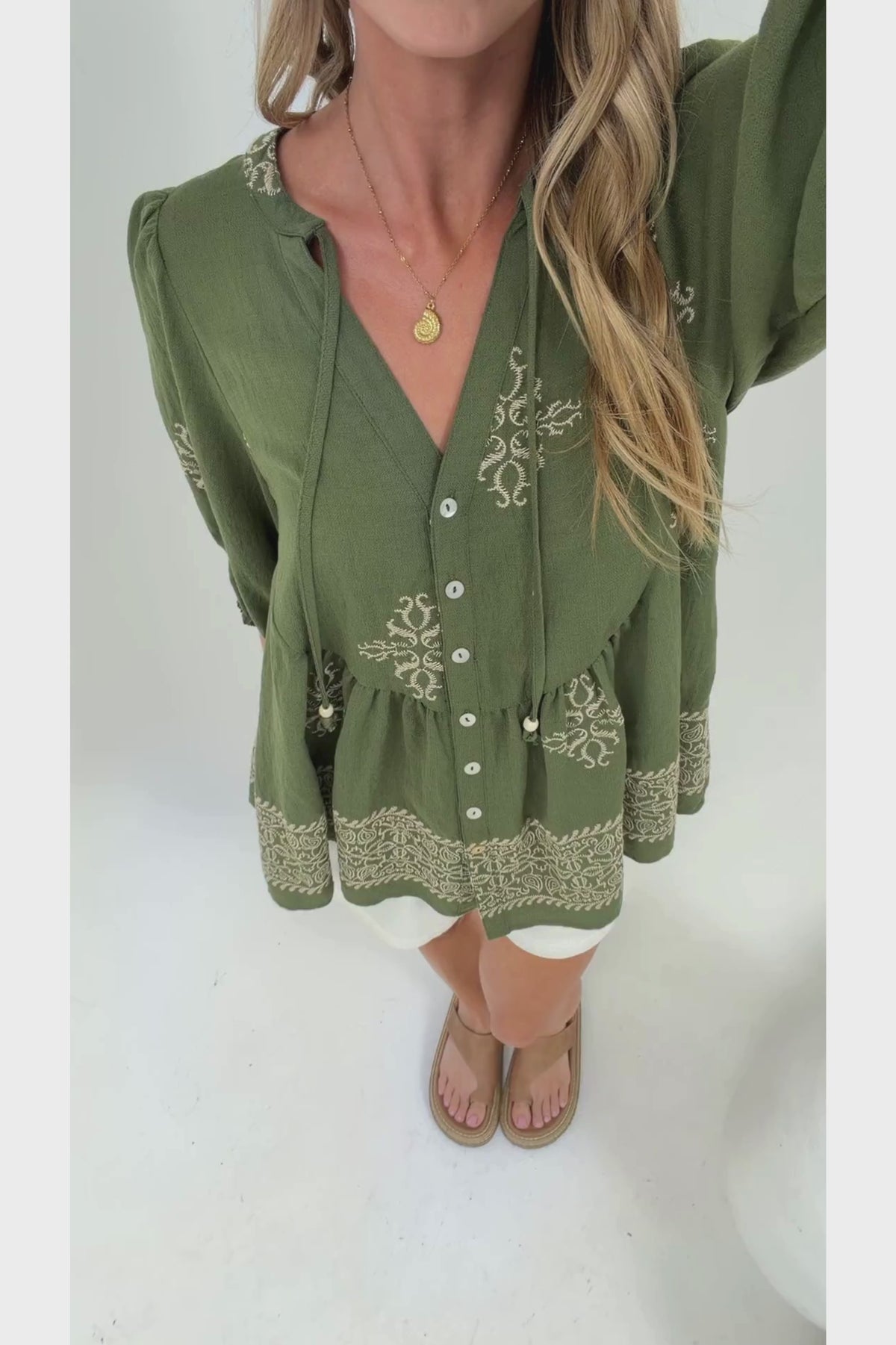 Ziva Blouse - Mandarin Collar Button Down with Balloon Sleeves in Mohana Print Green