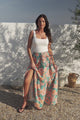 Hellen Maxi Skirt - High Waisted Skirt with Front Splits in Kawani Print Green