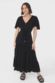 Anya Maxi Dress - Flutter Cap Sleeve Pull Tie Waist Dress in Black