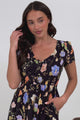 Blissful Midi Dress - A-Line Dress with Shirred Bodice and Short Sleeves in Talita Print Black