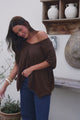 Baha Knit Top - Relaxed V Neck Cotton Knit with Short Sleeves in Chocolate