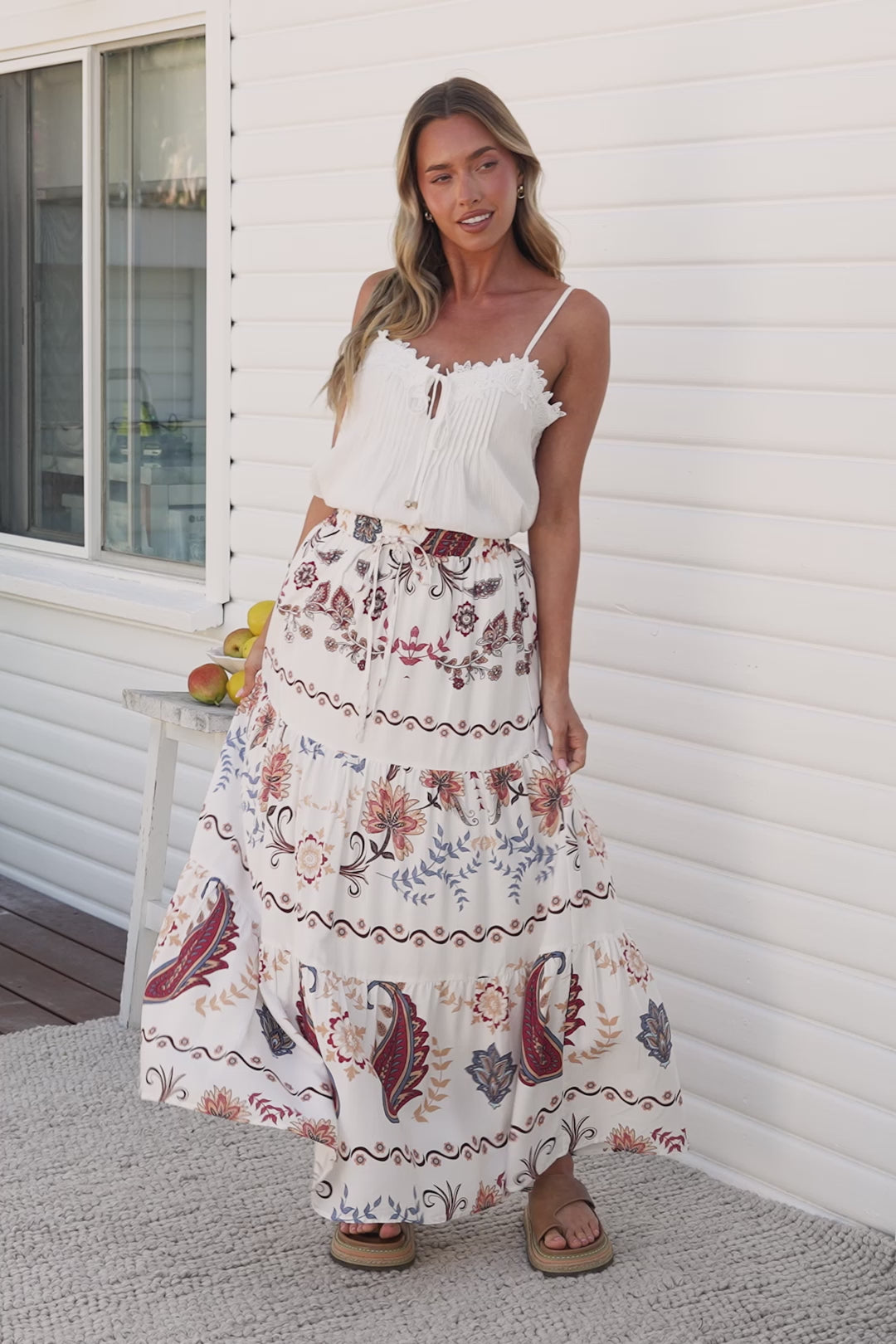 Bertha Maxi Skirt - Elasticated High Waisted Tiered Skirt in Magah Print White